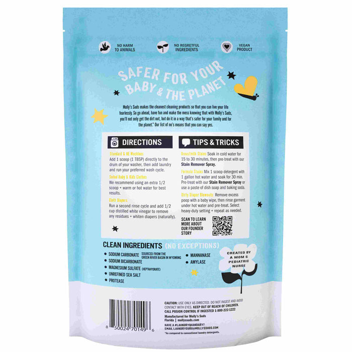 The back of Mollys Suds Baby Laundry Powder, 120 loads (blue package) highlights its eco-friendly claims, ideal for baby laundry. It provides directions, tips, tricks, and an ingredient list to ensure safety for babies and the planet. Icons indicate its cruelty-free and vegan.