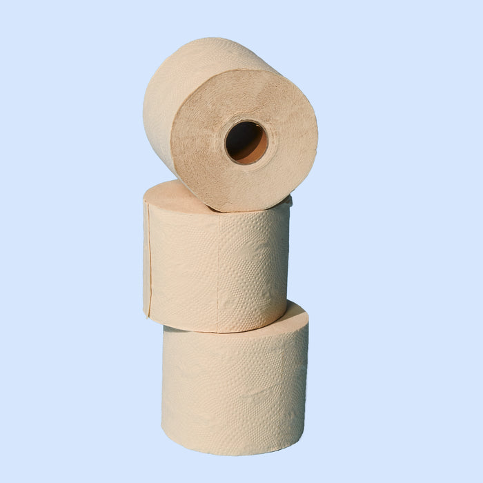 Three TUSHY Bamboo Toilet Paper rolls—two stacked vertically with one balanced on top—sit against a light blue background, highlighting this eco-friendly option ideal for sustainable lifestyles and bidet users.