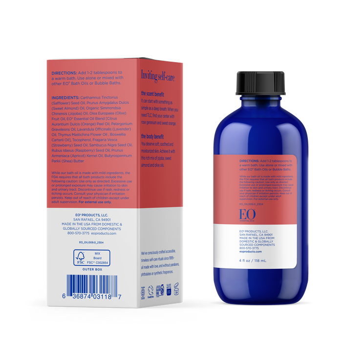 A blue bottle with a black cap sits next to its box labeled EO Products. It details ingredients, usage directions, and benefits. Infused with Soothing Lavender, this aromatherapeutic Bath Oil offers body and scent benefits for a serene experience.