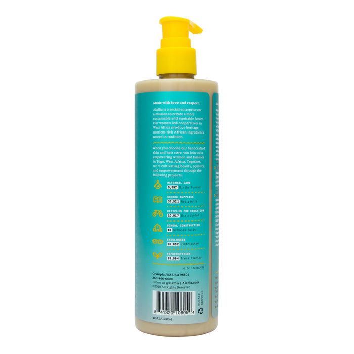 Alaffia’s Beautiful Curls Curl Enhancing Shampoo features a turquoise-labeled bottle with a yellow pump. Its crafted for wavy to curly hair, with icons and text showcasing its curl-enhancing benefits.