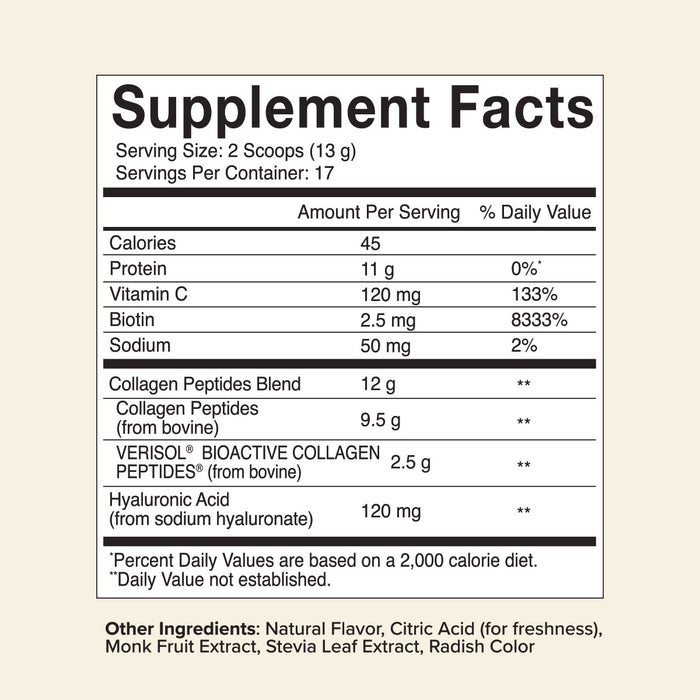 The Supplement Facts label for Great Lakes Wellness Beauty Boost Bovine Collagen Peptides Powder lists calories, protein, vitamin C, biotin, sodium, VERISOL and bioactive collagen peptides, plus hyaluronic acid per serving.