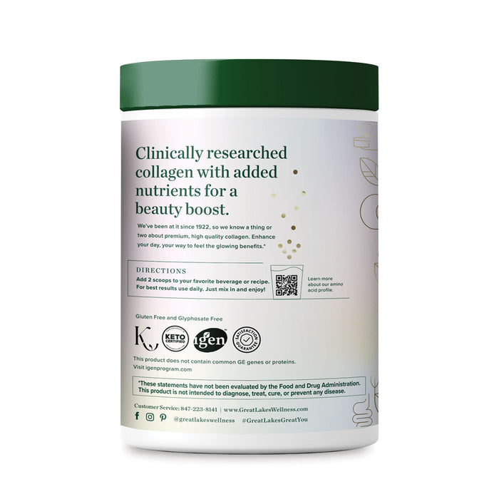 A white container of Great Lakes Wellness Beauty Boost Bovine Collagen Peptides Powder with green lid. The label mentions clinical research, VERISOL Collagen, added beauty nutrients, directions, and keto, gluten-free, non-GMO icons near the bottom.
