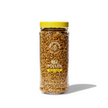 A clear jar with a yellow lid contains Bee Pollen from Beekeepers Naturals, labeled BEE POLLEN and Nourish + Support with a small bee logo. Often called Natures Multivitamin, the jar sits on a white background, casting a shadow.