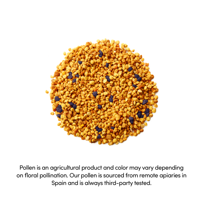 A pile of bee pollen with the following text below: Pollen is an agricultural product and color may vary depending on floral pollination. Our pollen is sourced from remote apiaries in Spain and is always third-party tested.