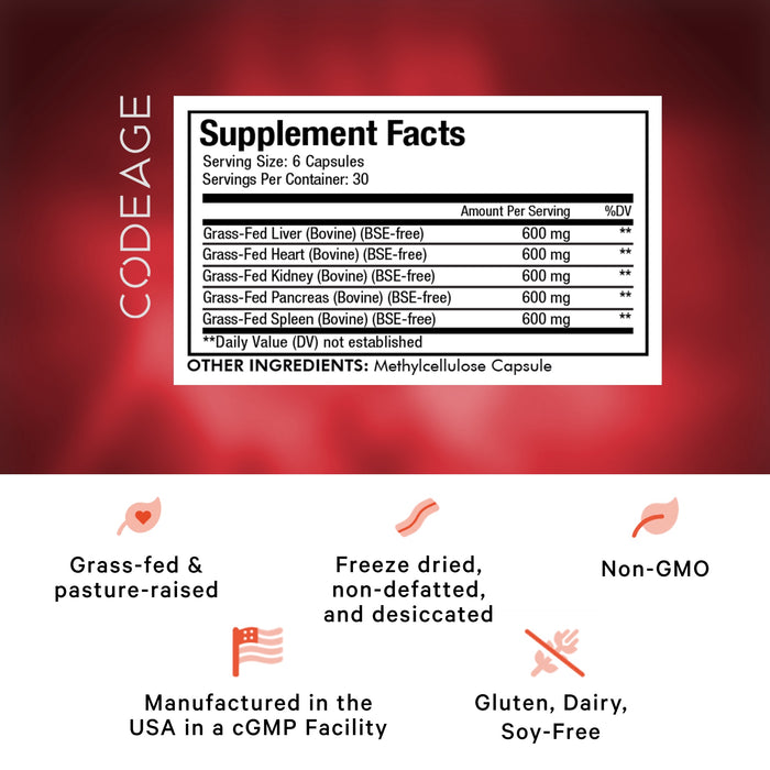 Codeage Beef Organs supplement facts label features grass-fed beef liver, heart, kidney, pancreas, and spleen. Icons show desiccated organ content, freeze-dried process, non-GMO status, USA-made quality, and allergen-free benefits.