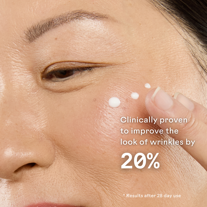 A woman applies Three Ships’ Best-Sellers Discovery Kit cream near her eye, with text: Clinically proven to reduce wrinkles by 20% in 28 days.