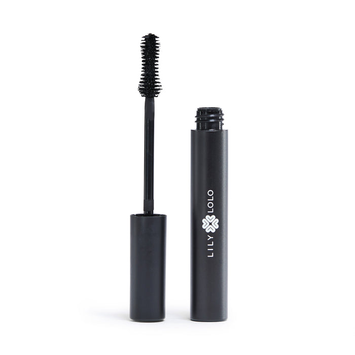 The Lily Lolo Big Lash Mascara is displayed with its opened black tube and brush applicator beside it, featuring the Lily Lolo logo in white. This vegan, natural mascara has its black-coated brush set against a plain white background.