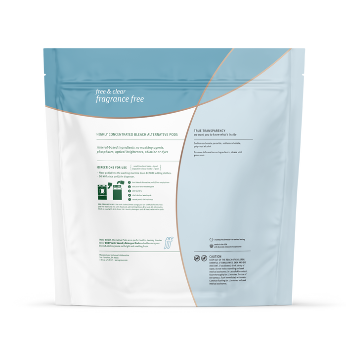 The back of a resealable white and blue grab green Bleach Alternative Pods package labeled free & clear fragrance free includes directions, product highlights, warnings, teal and gray icons, and states it's a chlorine-free bleach alternative.