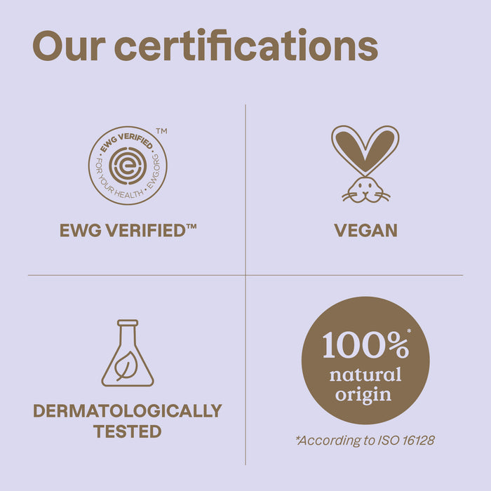A graphic titled Our certifications displays four icons: EWG VERIFIED, Vegan with a heart and bunny, Dermatologically Tested with a flask, and 100% natural origin (ISO 16128)—perfect for ATTITUDE blooming belly Nursing Balm.