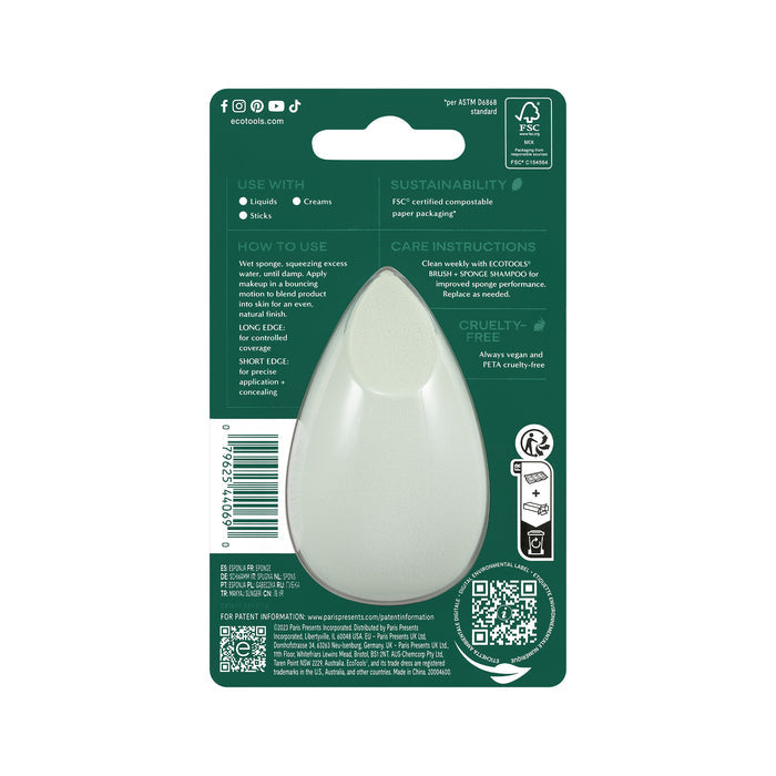 The EcoTools Blurring Blender packaging showcases its eco-friendly teardrop shape in light green, includes usage instructions and sustainability info, is cruelty-free and FSC certified, and features a barcode plus social media icons—perfect for makeup blending.