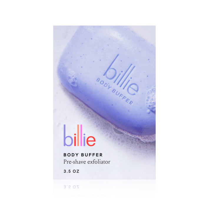 The Body Buffer - Pre-shave Exfoliating Bar by billie boasts a chic light purple design with billie embossed on it. Enriched with jojoba beads, it ensures a silky smooth shave every time.