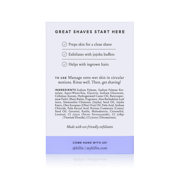 The Billie Body Buffer packaging combines a purple and white design, highlighting benefits like prepping skin for a close shave, exfoliating with jojoba beads, and assisting with ingrown hairs. It includes ingredients and contact details for Billie.
