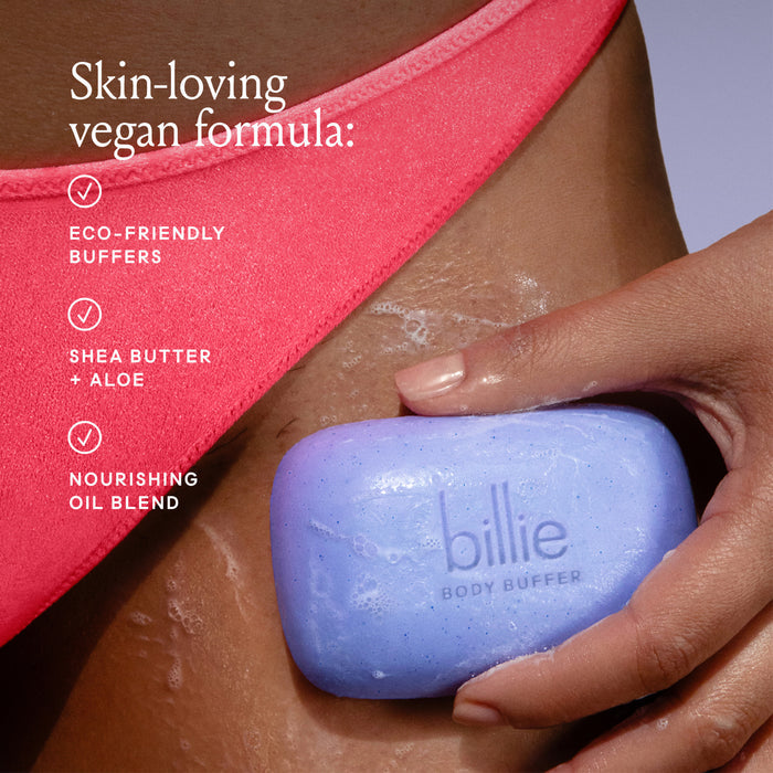 Close-up of a person using a purple Billie body buffer bar on their upper thigh, with text highlighting features like eco-friendly buffers, shea butter and aloe, and a nourishing oil blend. The person wears a pink garment.