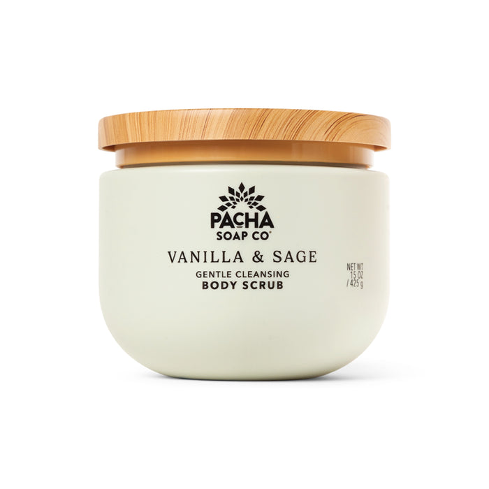 Pacha Soap Co. Body Scrub features a creamy, whipped texture in a light jar with black text and a wooden lid—a gentle exfoliant for soft, radiant skin.