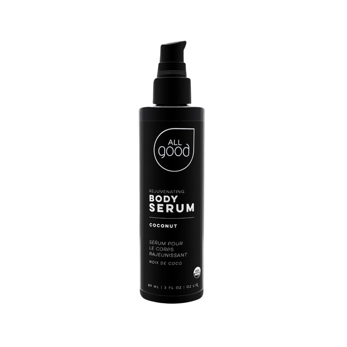 All Goods Body Serum comes in a sleek black bottle with a pump, infused with nourishing Sea Buckthorn Oil and a coconut scent. The label indicates 89 ml (3 fl oz) of product to rejuvenate your skin.