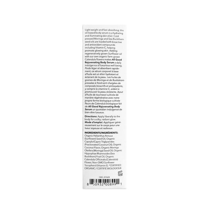 The image displays the back of a bottle of All Good Body Serum, showcasing text with product details, usage instructions, and ingredients such as Organic Moringa Oil. The small text is printed in black on a white background.