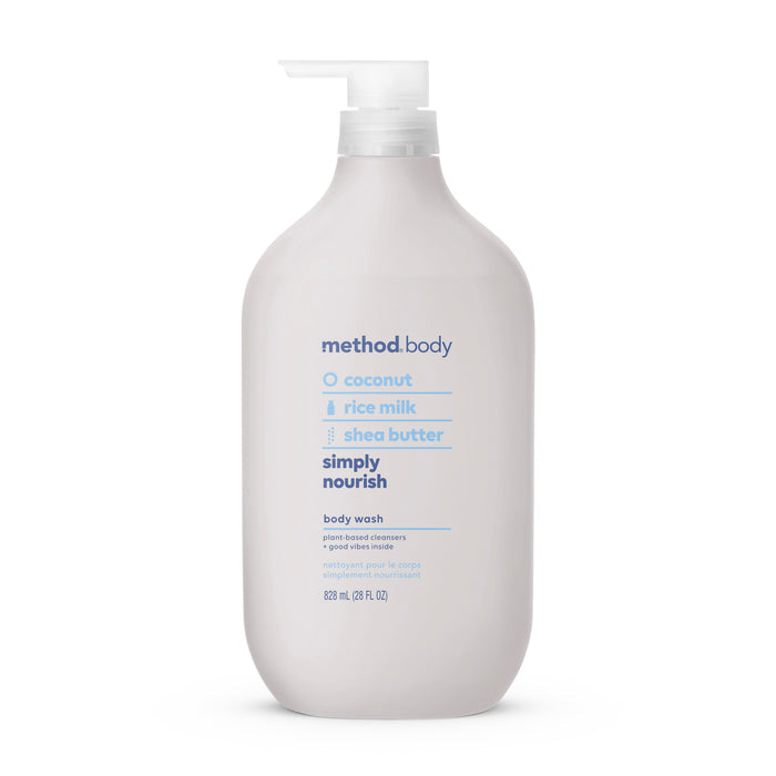 The method Body Wash Simply Nourish has a pump dispenser and features self-care ingredients like coconut, rice milk, and shea butter. Its cruelty-free and comes in an 828 ml (28 fl oz) recycled white bottle.