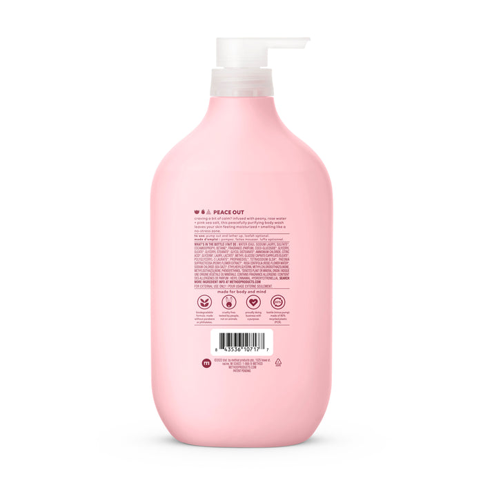 The method Body Wash comes in a pink recycled plastic pump bottle. The back label includes text and icons for self-care tips, usage instructions, ingredients, a cruelty-free formula note, and a barcode at the bottom.