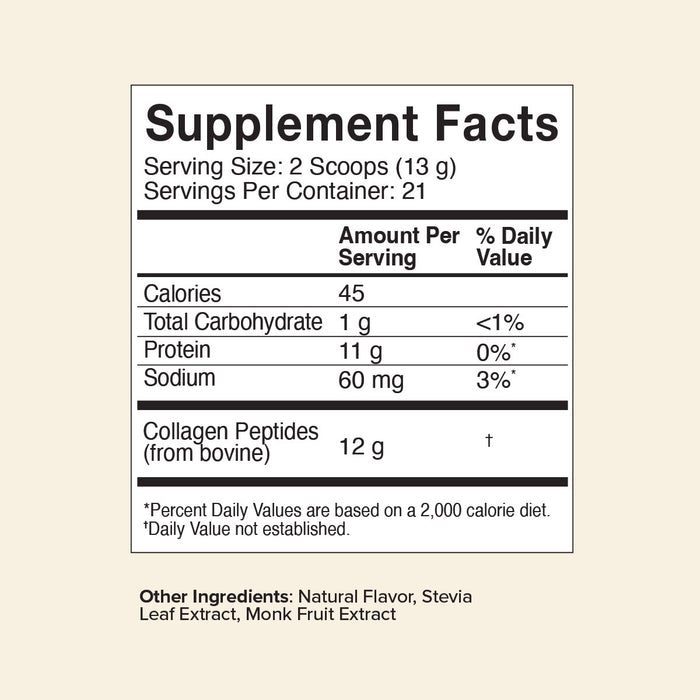 Great Lakes Wellness Bovine Collagen Peptides Powder: 2 scoops (13g) per serving, 21 servings per container. Each serving offers 11g grass-fed collagen for healthy aging, stevia, monk fruit, natural flavor, 45 calories, 1g carbs, and 60mg sodium.