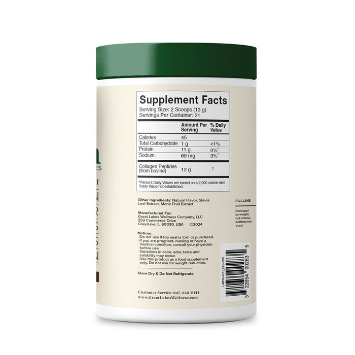 A container of Great Lakes Wellness Bovine Collagen Peptides Powder with a green lid and barcode, displaying supplement facts like serving size, calories, protein, and ingredients—perfect for supporting healthy aging.
