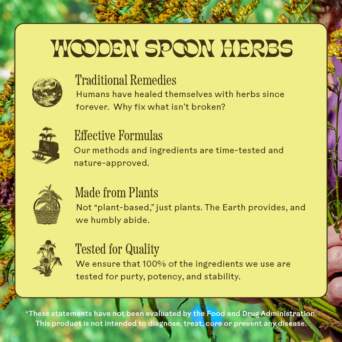A yellow sign titled Brain Bloom Capsules by Wooden Spoon Herbs lists benefits: traditional remedies, plant-based nootropic herbs, effective formulas, and quality testing. Green icons and a floral background appear.