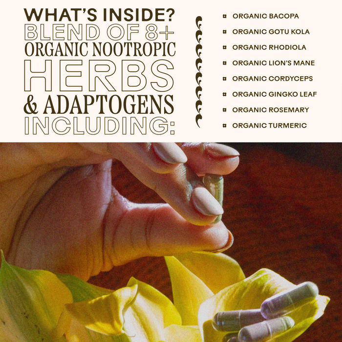 A hand holds Brain Bloom Capsules by Wooden Spoon Herbs above a yellow flower. Text highlights an adaptogenic blend of 8+ organic nootropic herbs, like bacopa, lion’s mane, rhodiola, and more to support cognitive function.
