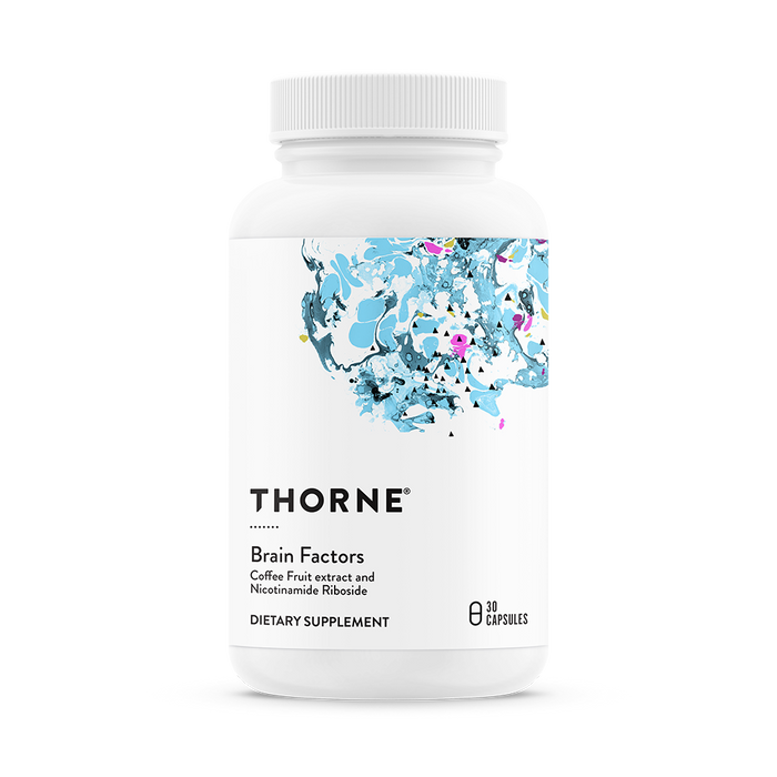 Thornes Brain Factors supplement comes in a white bottle with abstract blue, pink, and black designs. It contains 30 capsules with ingredients like coffee fruit extract and nicotinamide riboside to support brain health and memory function.