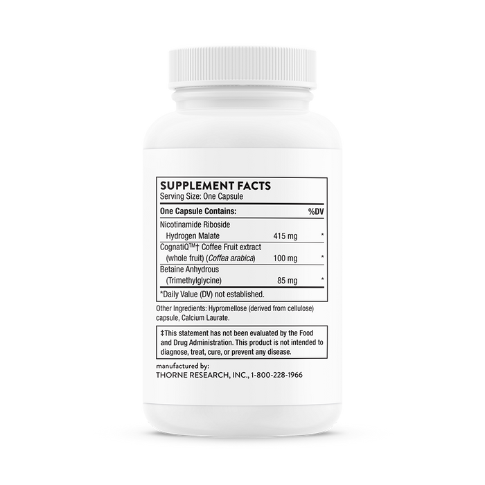 A white Brain Factors supplement bottle by Thorne shows ingredients: Nicotinamide Riboside, Hydrogen Malate, Coffee Fruit Extract, and Betaine Anhydrous to support brain health and memory function. Note: Not intended to diagnose, treat, cure, or prevent diseases.