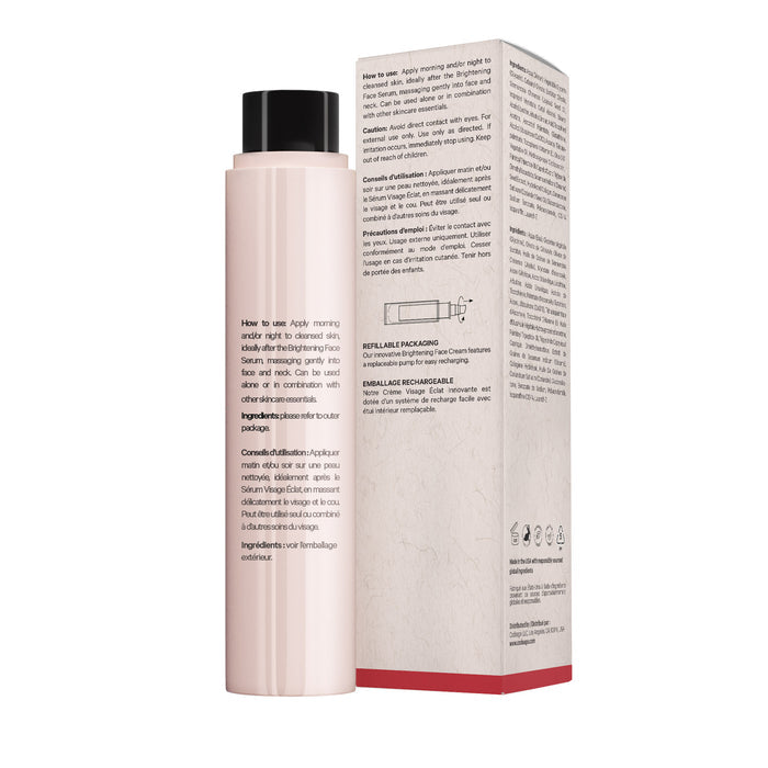 A pink Codeage Brightening Face Cream· Refill bottle with a black cap stands by its box. Both feature instructions and ingredients like glutathione in several languages.