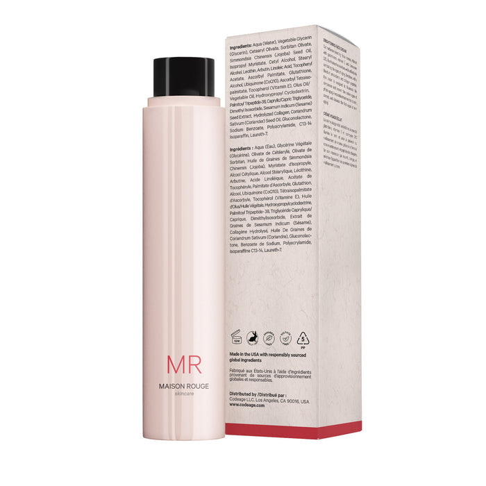 A tall, sleek, light pink bottle labeled Codeage Brightening Face Cream· Refll stands next to its matching box. The box displays ingredient and product details on a crisp white background, highlighting this glutathione cream’s benefits.