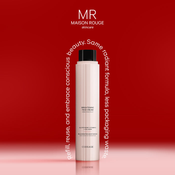 A tall, white bottle of Codeage Brightening Face Cream· Refill stands upright on a reflective surface against a red background. Circular text reads: Refill, reuse, and embrace conscious beauty—same radiant formula, less packaging waste.