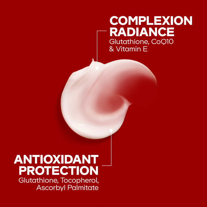 A creamy white smear of Codeage Brightening Face Cream· Refill on red with benefits: Complexion Radiance & Antioxidant Protection. Key ingredients: Glutathione, CoQ10, Vitamin E, Tocopherol, Ascorbyl Palmitate.