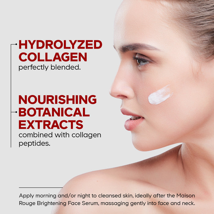 A fair-skinned woman with brown hair applies Codeage Brightening Face Cream to her cheek. Text highlights hydrolyzed collagen, antioxidants, peptides, and botanical extracts, plus usage instructions at the bottom.