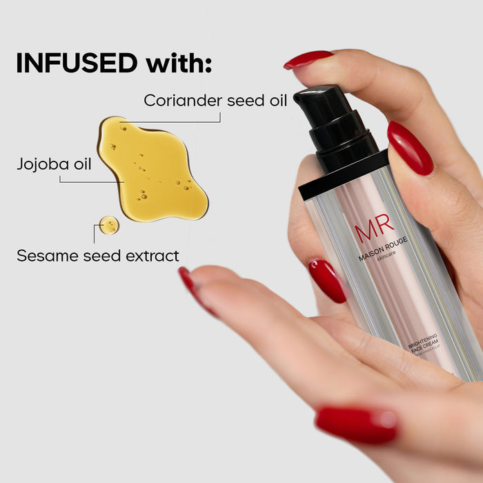 A hand with red nails holds a silver Codeage Brightening Face Cream bottle. The text highlights coriander seed oil, jojoba oil, sesame seed extract, and glutathione. Oil droplets appear on a light gray background.
