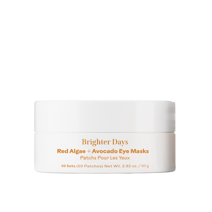 A white Three Ships container labeled "Brighter Days Red Algae + Avocado Eye Mask" holds 30 sets to depuff under-eyes and brighten dark circles, shown against a plain white background.