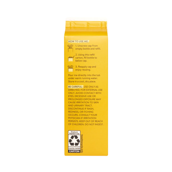A yellow carton from The Honest Company for Bubble Bath, Carton Refill, with usage instructions on the back. It highlights a tear-free formula, recycling symbols, and safety warnings for external use only and advises against ingestion.