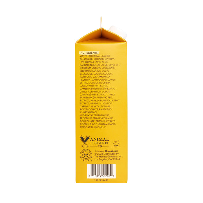 A yellow carton, ideal for a soothing bubble bath, lists ingredients on the side with symbols showing its tear-free, animal test-free, and recyclable. The Honest Company brand name and address are at the bottom.