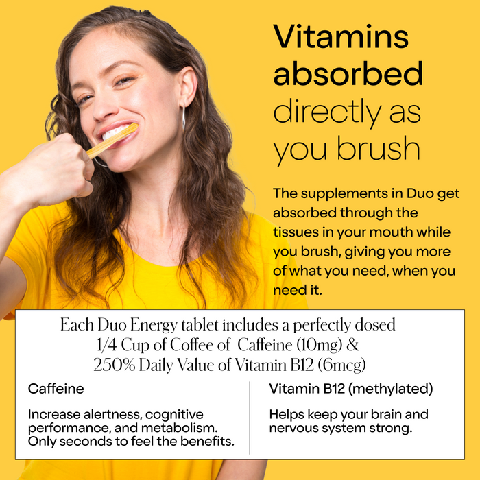 A woman brushes her teeth with a yellow toothbrush against a yellow background, emphasizing the benefits of duo Toothpastes Caffeine + B12 Toothpaste Tablets. It highlights vitamin B12 absorption for enhanced alertness, cognition, and nervous system support in this vibrant routine.