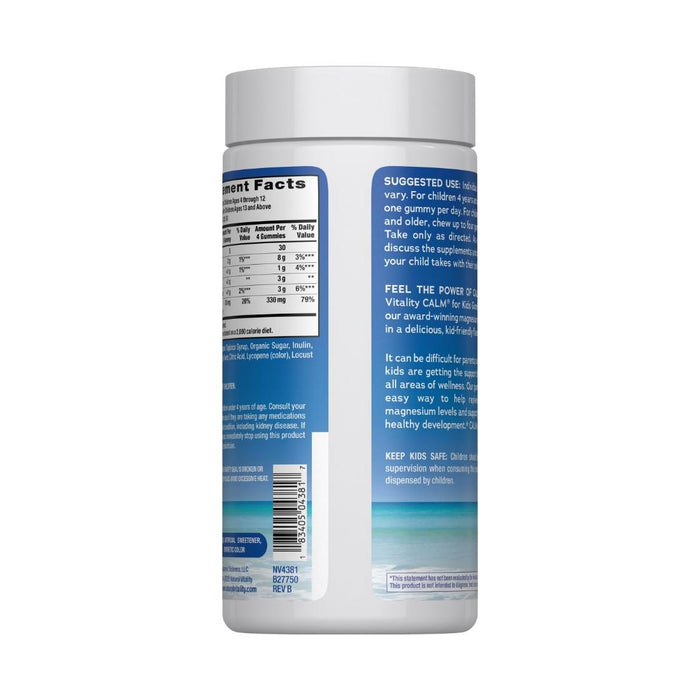 A white bottle with a blue label shows supplement facts, dosage, ingredients, and use instructions for Natural Vitality CALM Kids Sweet Citrus magnesium supplement that supports nervous system health.