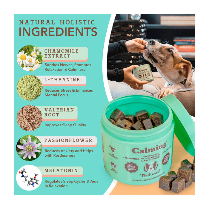 Image of a dog gazing at a jar of calming treats with key ingredients listed: chamomile extract, L-theanine, valerian root, passionflower, and melatonin. The product is promoted for promoting relaxation and reducing anxiety in pets.
