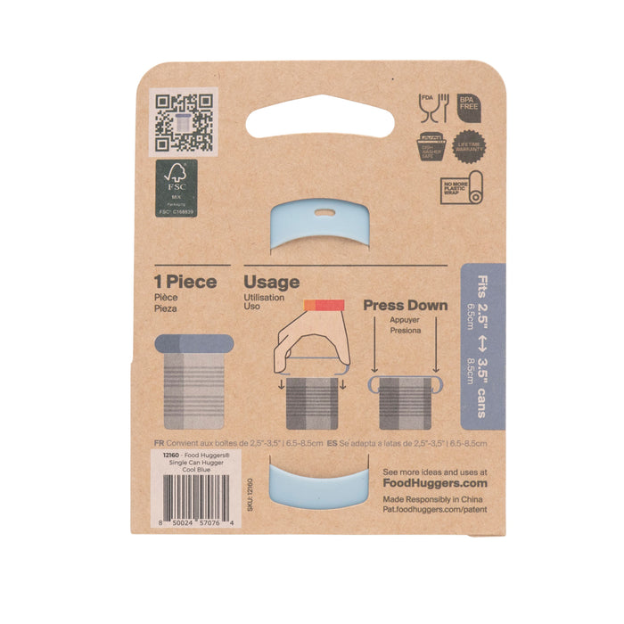 The image features packaging for the 1 piece Can Hugger by Food Huggers, a reusable stretchable silicone lid in light blue. Instructions show it covering a jar and pressing down. Ideal for pet owners, it fits diameters from 2.5 to 3.5. FSC certified and made in China is noted on the label.