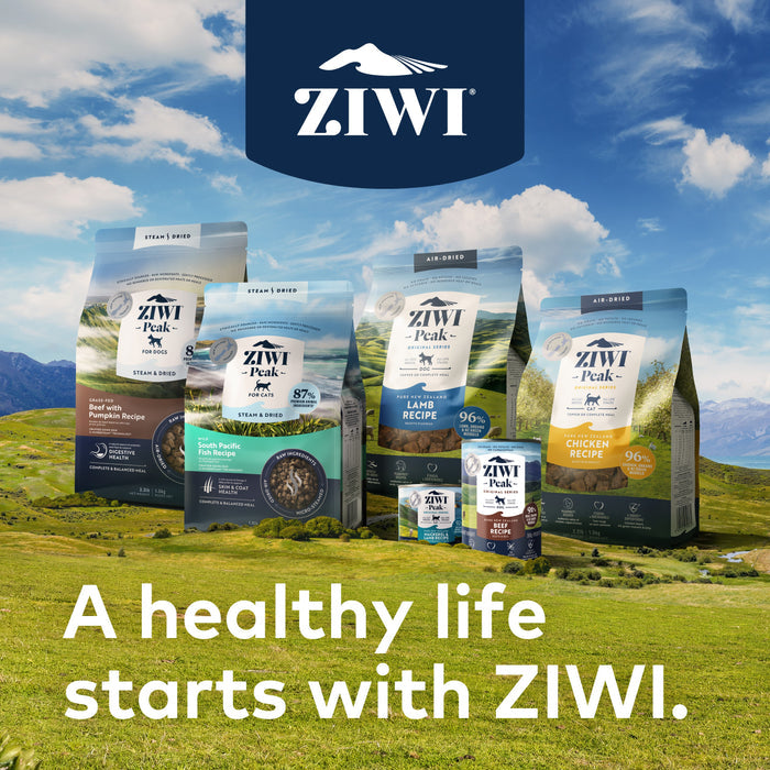 Various ZIWI products, like the All Natural Canned Wet Dog Food with New Zealand Green Mussels, are showcased in a picturesque outdoor setting against mountains. Text reads, A healthy life starts with ZIWI.