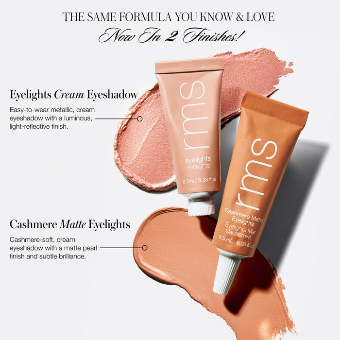 Two RMS Beauty Cashmere Matte Eyelights rest on creamy swatches in pink-tan and bronze, showcasing their matte pearl finish and long-lasting formula. Text highlights the unique texture of these cream eyeshadows.