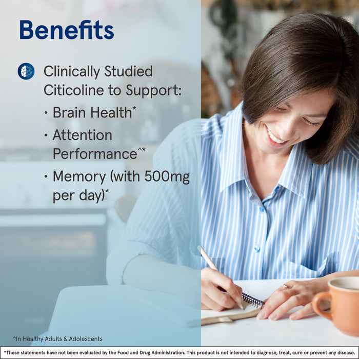 A smiling woman sits at a table writing in a notebook. Text highlights how Jarrow CDP Choline 250mg Veggie Capsules support brain health, attention, and energy metabolism (at 500mg/day); disclaimers appear at the bottom.