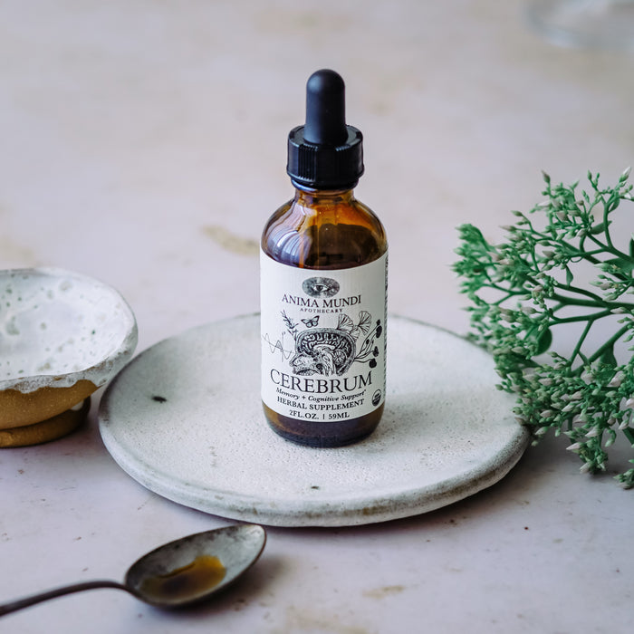 A brown glass dropper bottle labeled Anima Mundi CEREBRUM Tonic, Memory + Energy sits on a white plate beside a green plant, cup, and spoon with liquid on a light surface.
