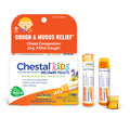 Image of Boiron Chestal Kids Pellets packaging: The orange box is labeled for cough and mucus relief for ages 4 and up. It contains two tubes with approximately 80 homeopathic Mucus Meltaway Pellets each, providing cough relief for chest congestion.