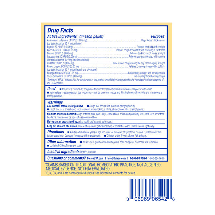 Image of a product label for Boiron Chestal Kids Pellets, offering homeopathic relief. It includes drug facts, active ingredients, purposes, warnings, directions, inactive ingredients, and manufacturer contact information. Contains a barcode at the bottom.