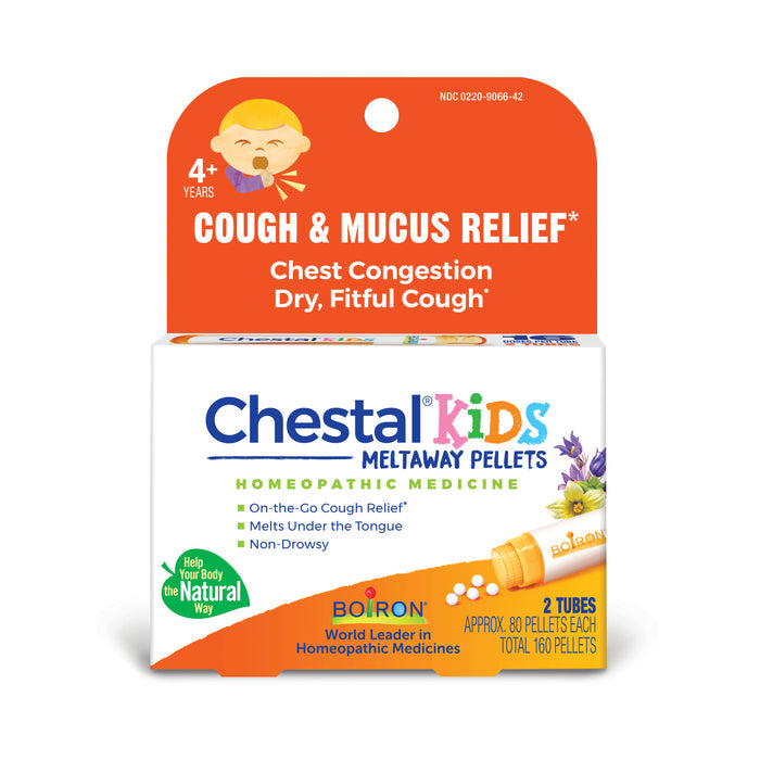 Boirons Chestal Kids Pellets provide homeopathic cough relief for children 4 and older, addressing chest congestion and dry cough. The box contains 160 natural remedy pellets to alleviate mucus discomfort.