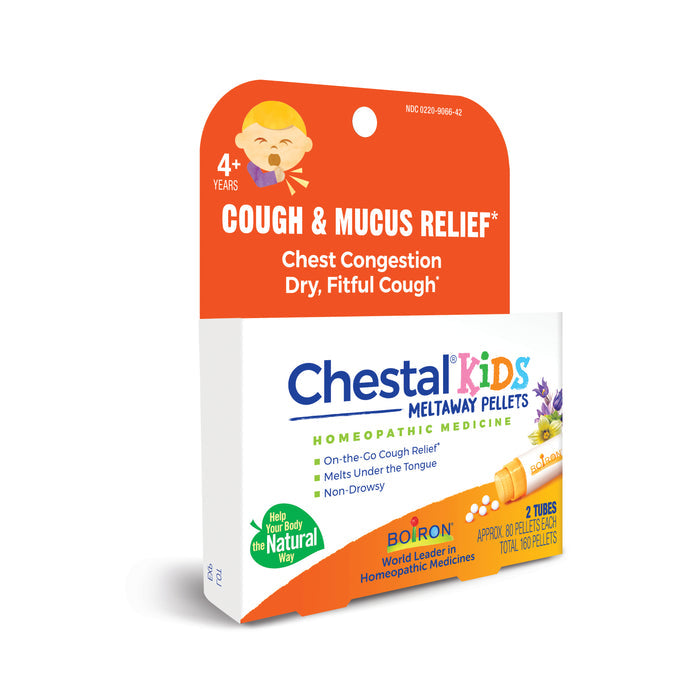 Boirons Chestal Kids Pellets, for children 4+, features a cartoon child and offers homeopathic relief for chest congestion and dry cough. The box contains two tubes with 160 pellets each, emphasizing natural ingredients.