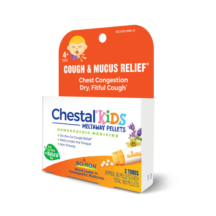 Boirons Chestal Kids Pellets come in orange and white packaging, provide mucus and cough relief for ages 4+, include two tubes, and offer homeopathic medicine for chest congestion and dry, fitful coughs.